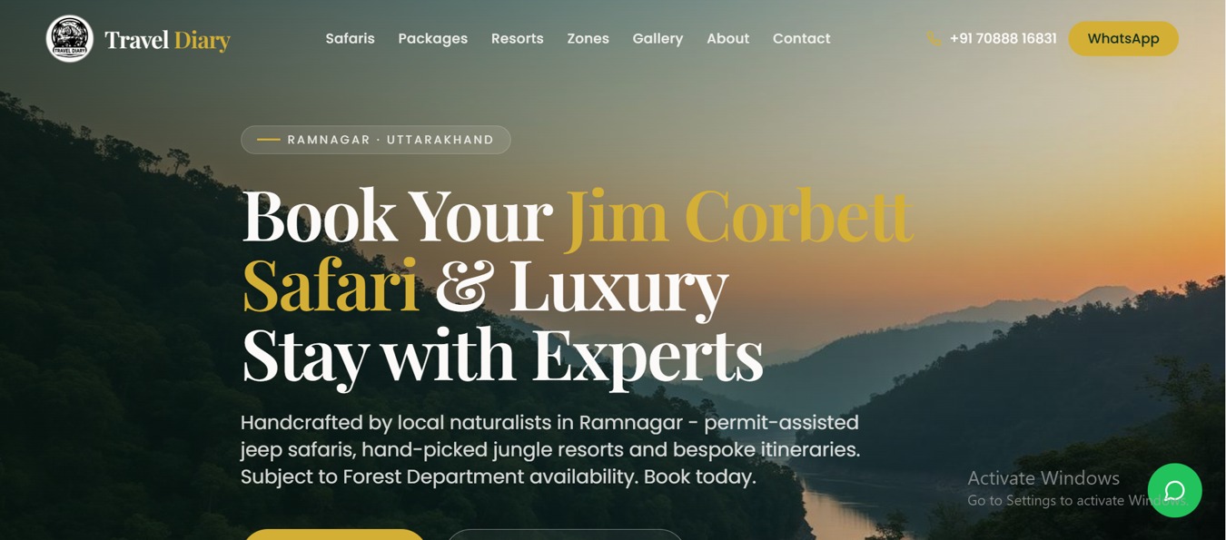 Travel Diary website featuring Jim Corbett safaris and luxury stays