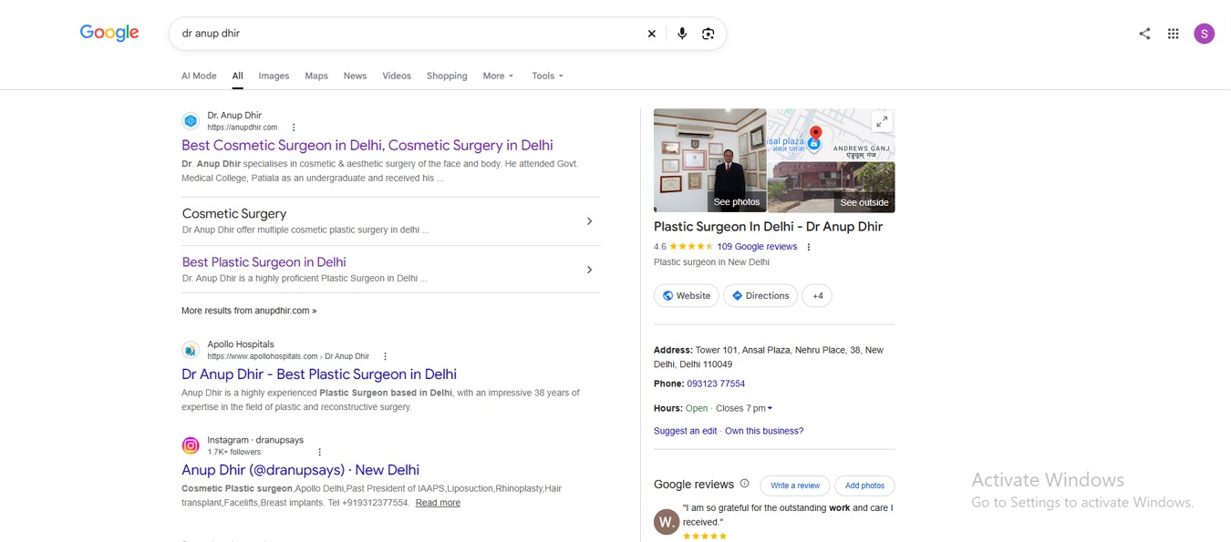 Google search screenshot for Dr. Anup Dhir showing website listings and business profile