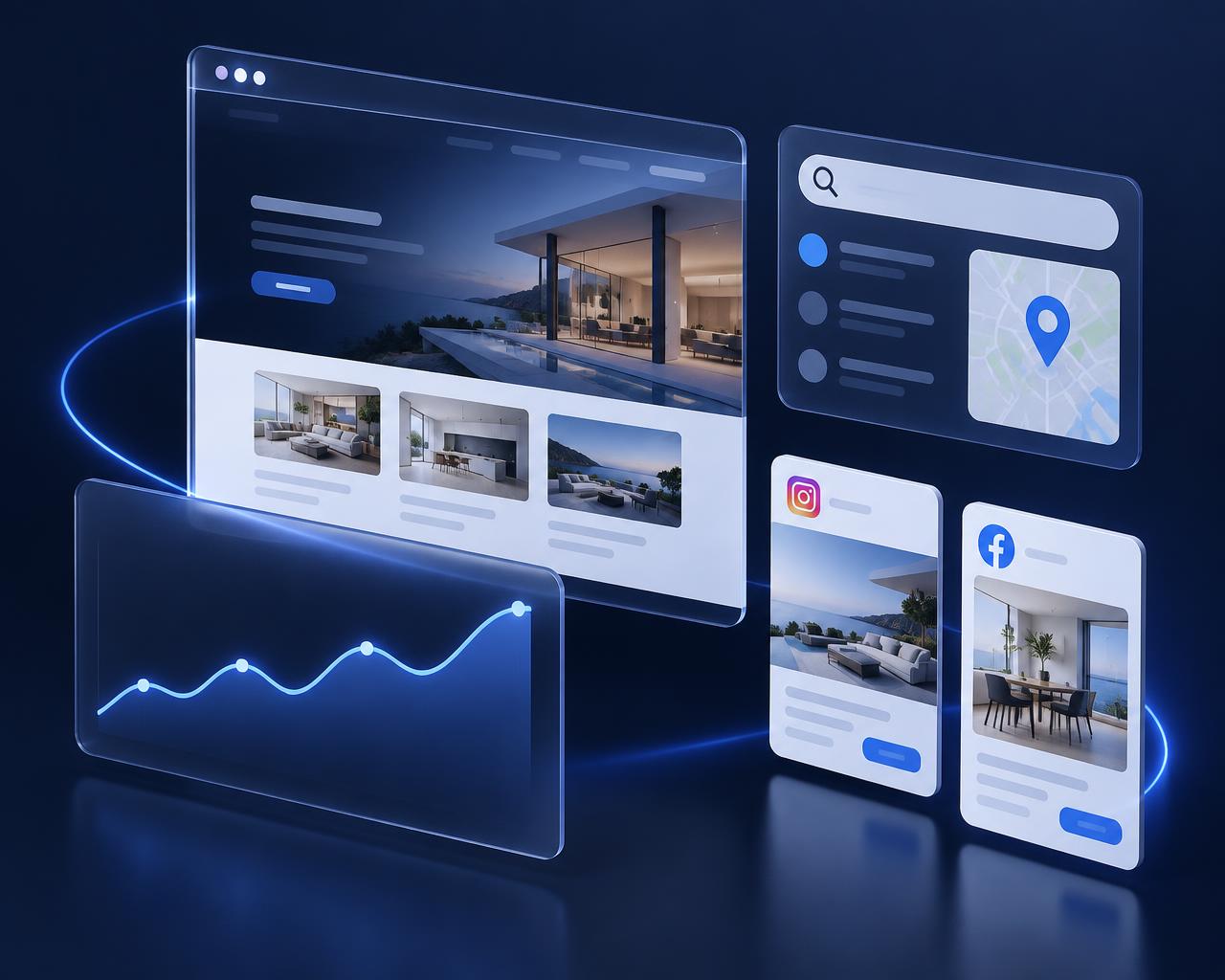 Illustration of a business website, local search results, analytics chart and social ad creatives